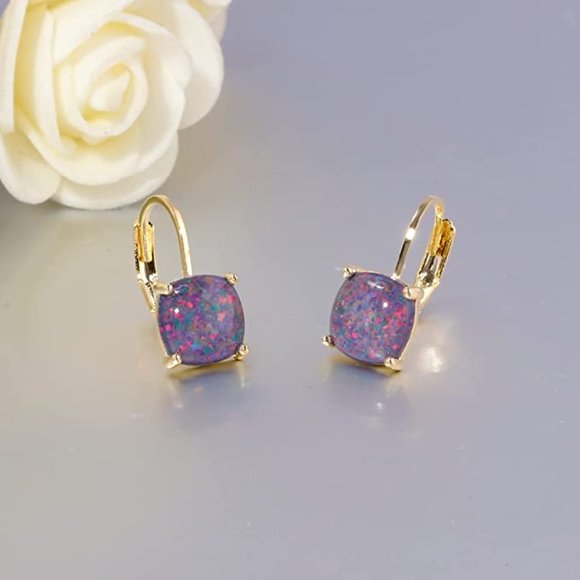 14K Square Opal Hoops Earrings - Picture 1 of 4